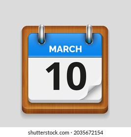 March 10 blue daily realistic calendar with wooden frame icon date vector image