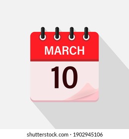 March 10, Calendar icon with shadow. Day, month. Flat vector illustration.