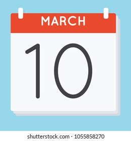 March 10. Calendar icon. Vector illustration in flat design isolated in blue background. Date and time, day, month.