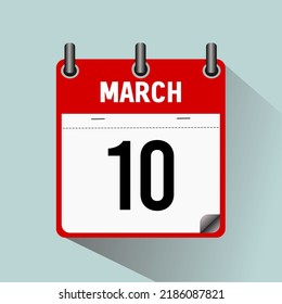 March 10, calendar icon vector illustration, isolated on light blue background.