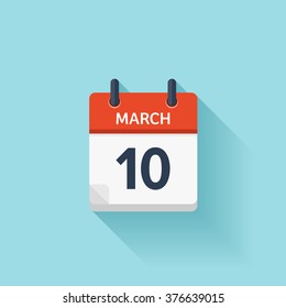 March 10. Calendar icon.Vector illustration,flat style.Date,day of month:Sunday,Monday,Tuesday,Wednesday,Thursday,Friday,Saturday.Weekend,red letter day.Calendar for 2017 year.Holidays in March.