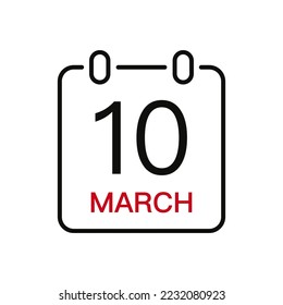 March 10 date on the calendar, vector line stroke icon for user interface. Calendar with date, vector illustration.