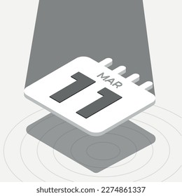 March 11 - Black and white 3D calendar floating with spotlight on white background