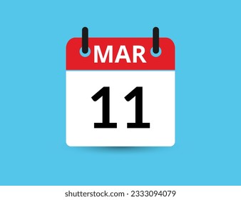 11 de marzo. Calendario de icono plano aislado en fondo azul. Ilustración vectorial de fecha y mes