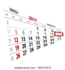 March 11, highlighted on 2017 calendar. Vector Illustration.