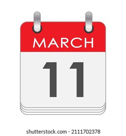 11 DE MARZO. Una hoja del calendario inverso con la fecha del 11 de MARZO. Estilo plano.