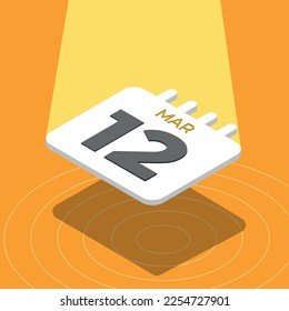 March 12 - 3D calendar floating with spotlight on yellow background
