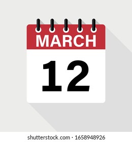 MARCH 12 - Calendar Icon. Calendar Icon with shadow. Flat style. Date, day and month.