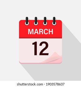 March 12, Calendar icon with shadow. Day, month. Flat vector illustration.