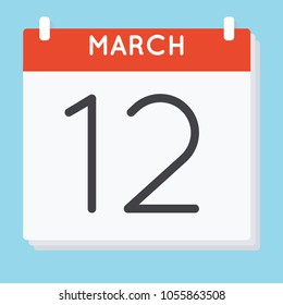 March 12. Calendar icon. Vector illustration in flat design isolated in blue background. Date and time, day, month.