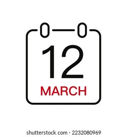 March 12 date on the calendar, vector line stroke icon for user interface. Calendar with date, vector illustration.