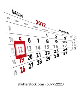 March 12, highlighted on 2017 calendar. Vector Illustration.