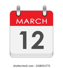 12 DE MARZO. Una hoja del calendario inverso con la fecha del 12 de MARZO. Estilo plano.