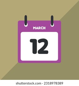 March 12 vector icon calendar Date, day and month Vector illustration, colorful background.
