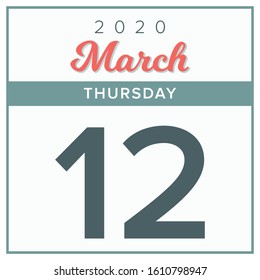 March 12th, 2020. Calendar day icon. Red and grey color.