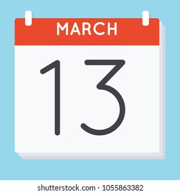 March 13. Calendar icon. Vector illustration in flat design isolated in blue background. Date and time, day, month.