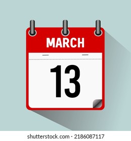 March 13, calendar icon vector illustration, isolated on light blue background.