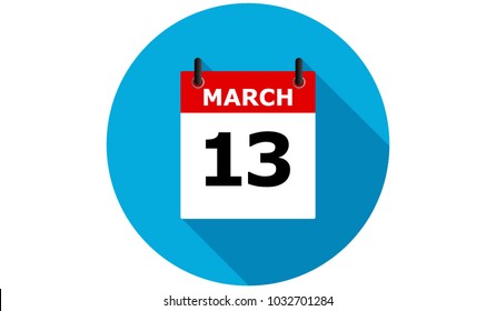 march 13 calendar vector flat icon with long shadow