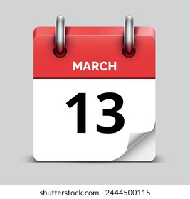 March 13 daily realistic red calendar icon date vector image