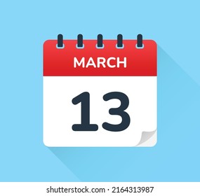 13 de marzo, trece del mes. Diseño plano vectorial del icono diario del calendario. Fecha y día del año