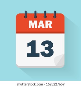 March 13th. Daily calendar icon in vector format.  Date, time concept for the day of the month, holidays.