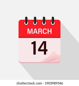 March 14, Calendar icon with shadow. Day, month. Flat vector illustration.