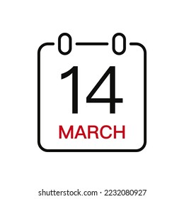 March 14 date on the calendar, vector line stroke icon for user interface. Calendar with date, vector illustration.