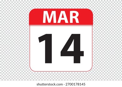 Icono de calendario de fechas del 14 de marzo. Icono de calendario simple y moderno sobre fondo blanco.
