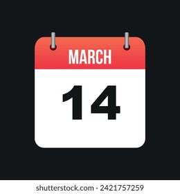 March 14, Red and White Color Calendar Page with Black Outline