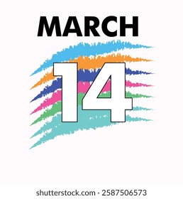 March 14 Vector Shape with white background of image and multicolor background of date. 14th day of March. Daily date of calendar.