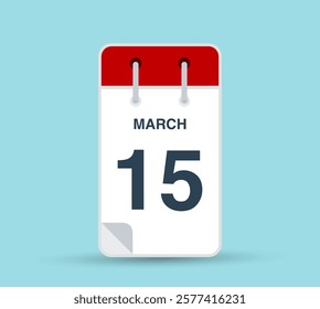 March 15 calendar icon isolated on background. March vector for day of week and month in red. Calendar design vector template. Vertical orientation.