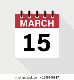 MARZO 15 - Icono del calendario. Icono de calendario con sombra. Estilo plano. Fecha, día y mes.