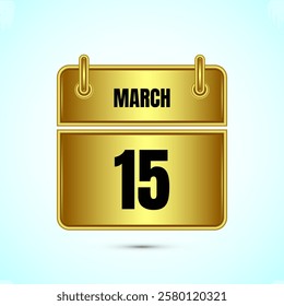 March 15 calendar and time planner on gold background. Daily calendar icon, schedule symbol