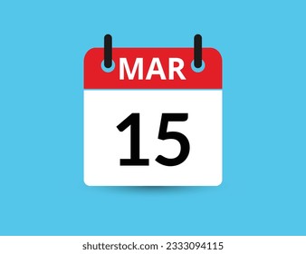15 de marzo. Calendario de icono plano aislado en fondo azul. Ilustración vectorial de fecha y mes