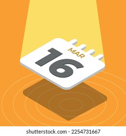 16 de marzo - calendario 3D flotando con foco en fondo amarillo