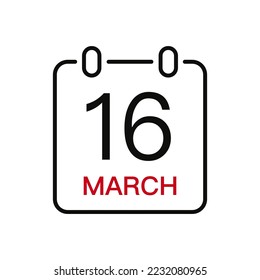 March 16 date on the calendar, vector line stroke icon for user interface. Calendar with date, vector illustration.