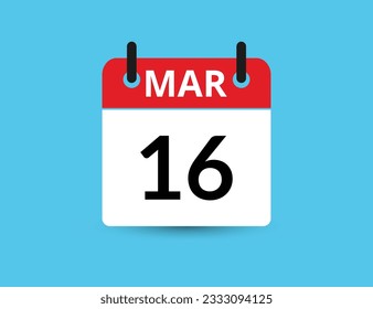 16 de marzo. Calendario de icono plano aislado en fondo azul. Ilustración vectorial de fecha y mes