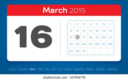 March 16, vector daily calendar, flat design, 2015