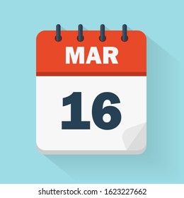 March 16th. Daily calendar icon in vector format.  Date, time, day, month. Holidays