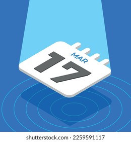 March 17 - 3D White calendar floating with spotlight on blue background