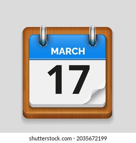March 17 blue daily realistic calendar with wooden frame icon date vector image