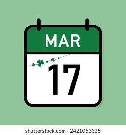 March 17 calendar date, St. Patrick s Day celebration, holiday date on desktop calendar, vector design element