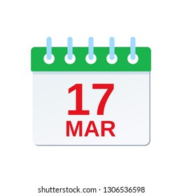 March 17 calendar icon. Saint Patrick's Day reminder calendar. Vector. Green calendar planner holiday date isolated on white background. Color illustration in flat design.