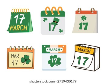 17 de março: Conjunto de Ícones do Calendário. Flat Vetor St. Patrick's Day Date Reminder Collection with Green Clover and Hat for Event Planner (Coleção de lembretes de data do dia do vetor plano com trevo verde e chapéu para planejador de eventos).