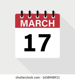 Icono del Calendario 17 de MARZO. Icono de calendario con sombra. Estilo plano. Fecha, día y mes.