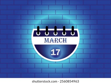 March 17 calendar sign on blue neon brick wall background. Flat design style. Date, day and month. Vector illustration.