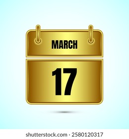 March 17 calendar and time planner on gold background. Daily calendar icon, schedule symbol