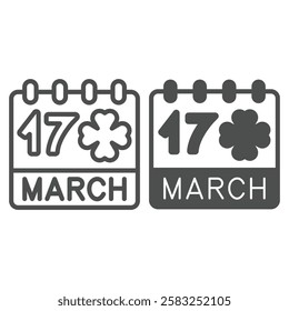 March 17 date clover line and solid icon, saint Patrick day concept. Vector graphics. Calendar page day sign on white background, outline style icon for mobile or web design