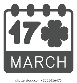 March 17 date clover solid icon, saint Patrick day concept. Vector graphics. Calendar page day sign on white background, outline style icon for mobile or web design