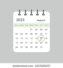 March 17 date highlighted with green shamrock on 2023 calendar page, st patricks day vector illustration